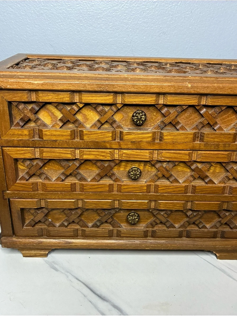 Farrington Japan Wooden Jewelry Box Chest 3 Drawer Carved Lattice Vintag